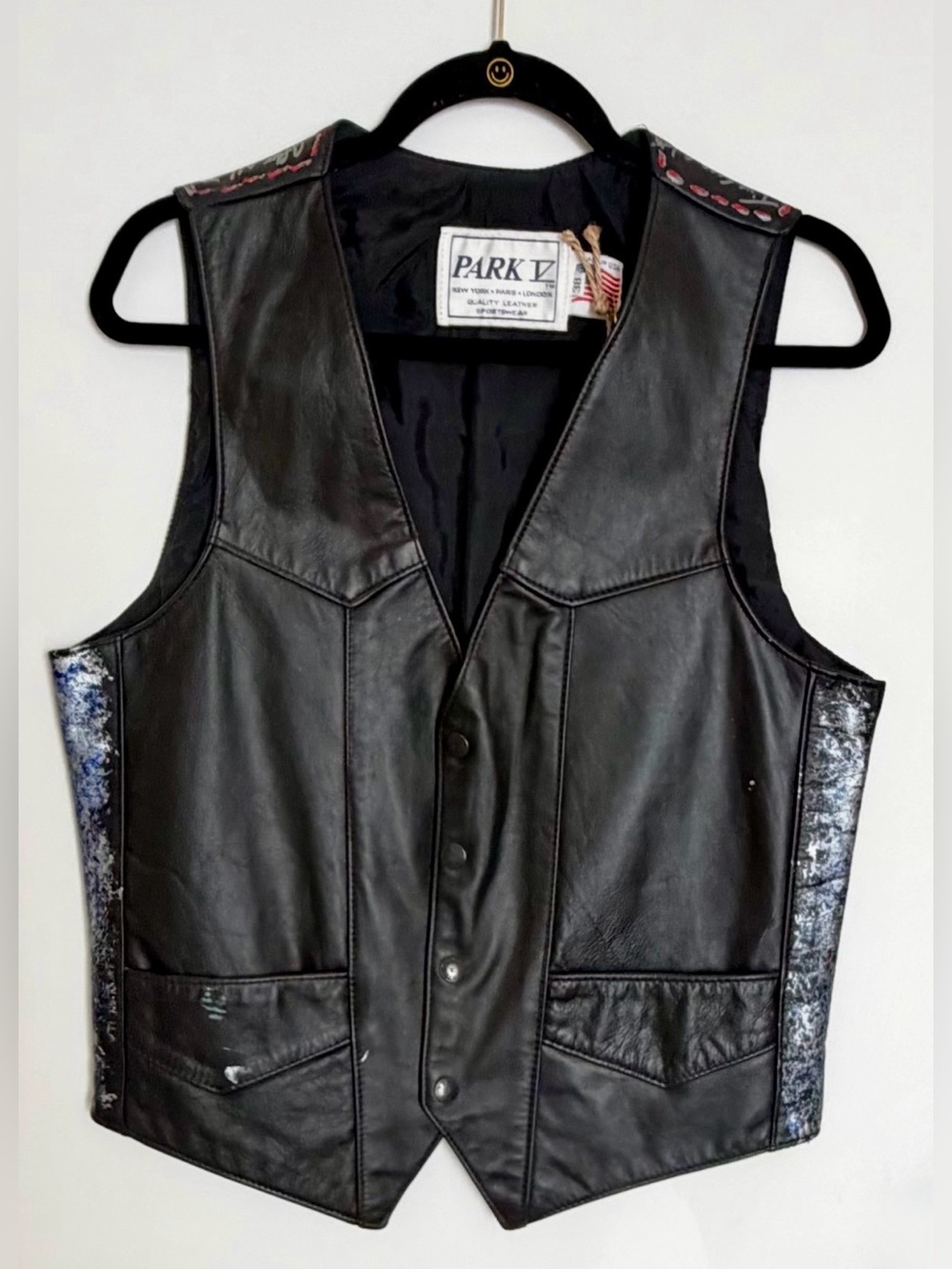 Vtg PARK V Black Leather Motorcycle Vest Handpainted OOAK Sz 38 God Bless Texas